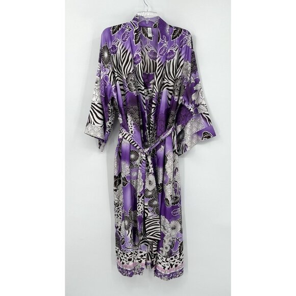 NATORI CRUZ 2 PIECE SET robe slip nightgown satin floral midi kimono purple L - Picture 2 of 13